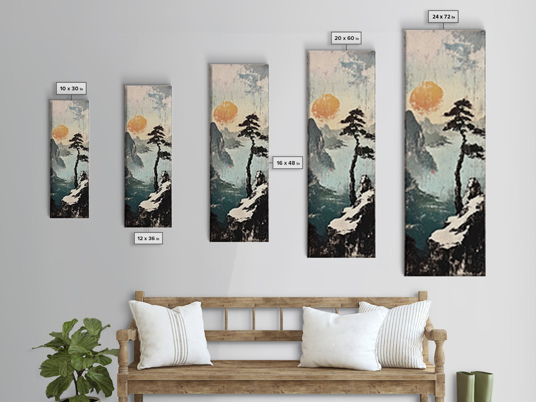 Misty Cliff Pine Lake Canvas Print, Japanese Landscape Wall Art, Neutral Nature Poster, Zen Home Decor, Office Wall Decor