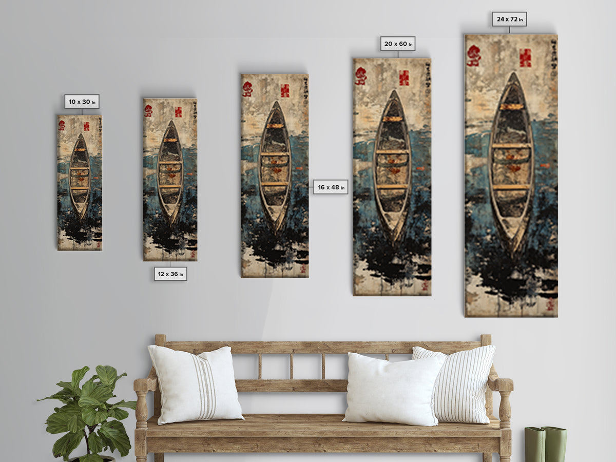 Weathered Canoe On Deep Blue Water Canvas Print, Coastal Boat Wall Decor, Nautical Lake House Art Print, Rustic Home Decor