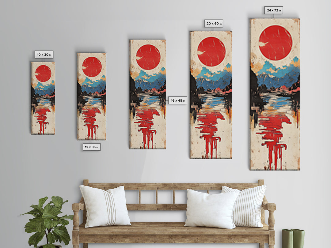 Red Sun Over Reflective Lake Wall Art, Japanese Landscape Print, Modern Coastal Decor, Serene Living Room Canvas Print, Home Decor