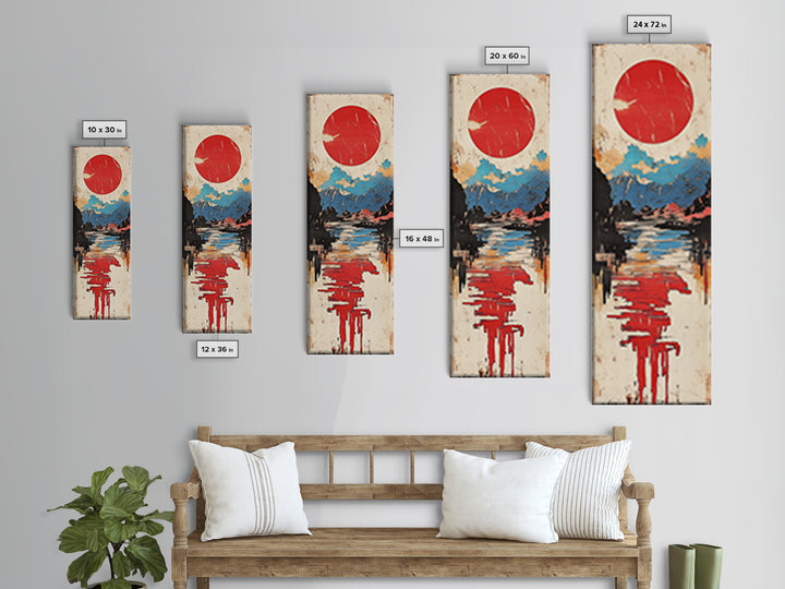 Red Sun Over Reflective Lake Wall Art, Japanese Landscape Print, Modern Coastal Decor, Serene Living Room Canvas Print, Home Decor