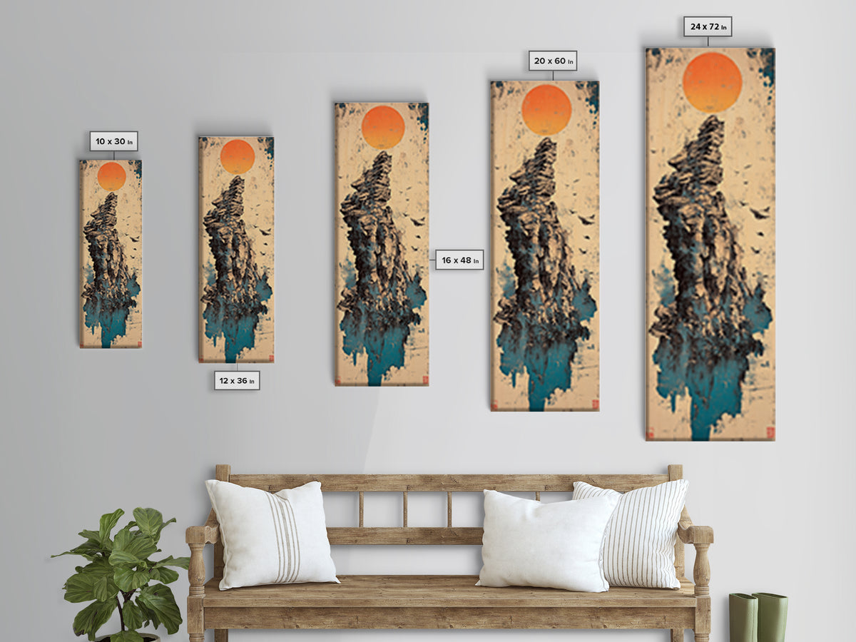 Rocky Sea Stack Under Orange Sun Wall Art, Japanese Landscape Canvas Print, Coastal Nature Decor, Minimalist Home Decor Art
