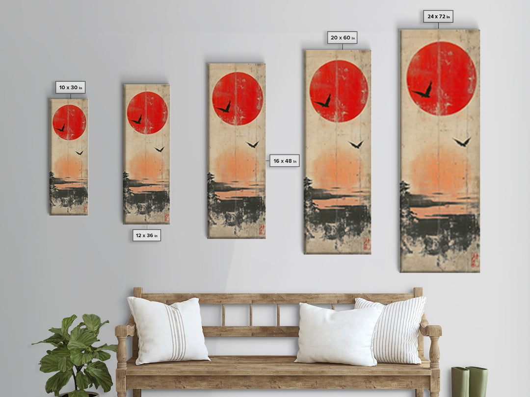 Red Sun And Birds Over Misty Lake Wall Art, Japanese Landscape Print, Minimalist Nature Decor, Serene Canvas Print, Home Decor
