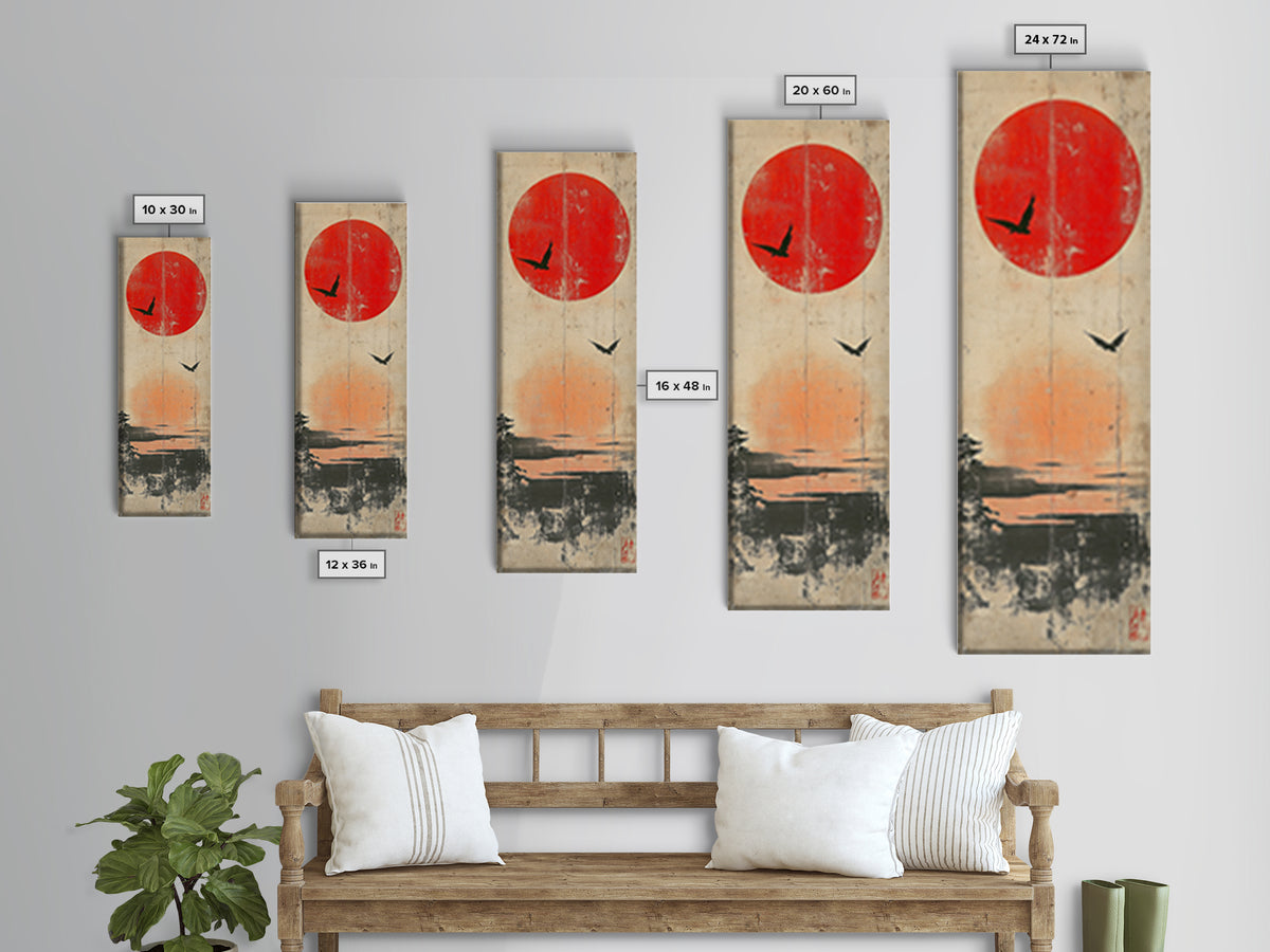Red Sun And Birds Over Misty Lake Wall Art, Japanese Landscape Print, Minimalist Nature Decor, Serene Canvas Print, Home Decor