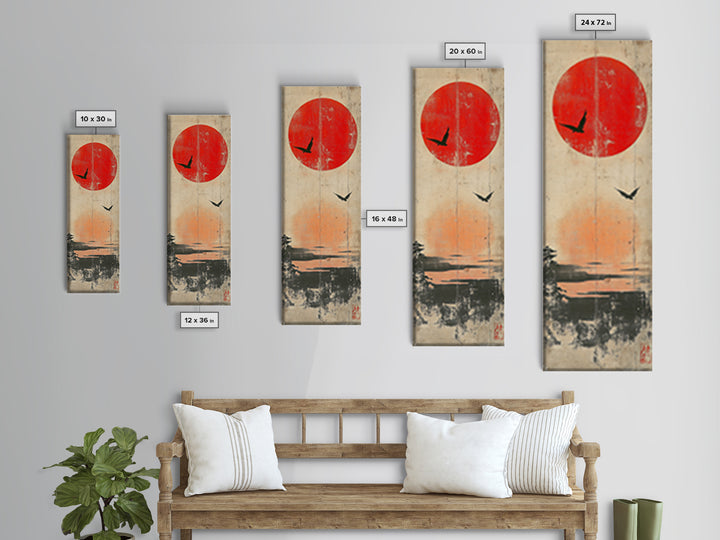 Red Sun And Birds Over Misty Lake Wall Art, Japanese Landscape Print, Minimalist Nature Decor, Serene Canvas Print, Home Decor