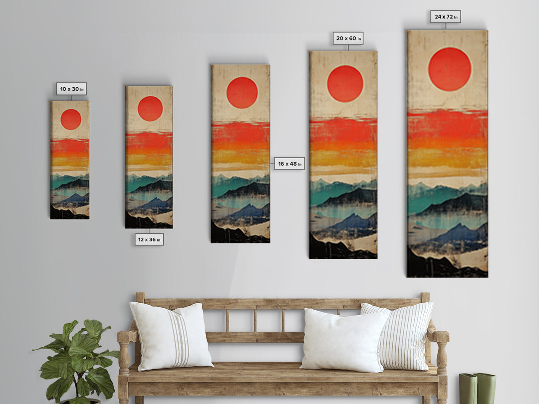 Red Sun Above Layered Blue Mountains Wall Art, Japanese Landscape Canvas Print, Mid Century Decor, Modern Living Room Art