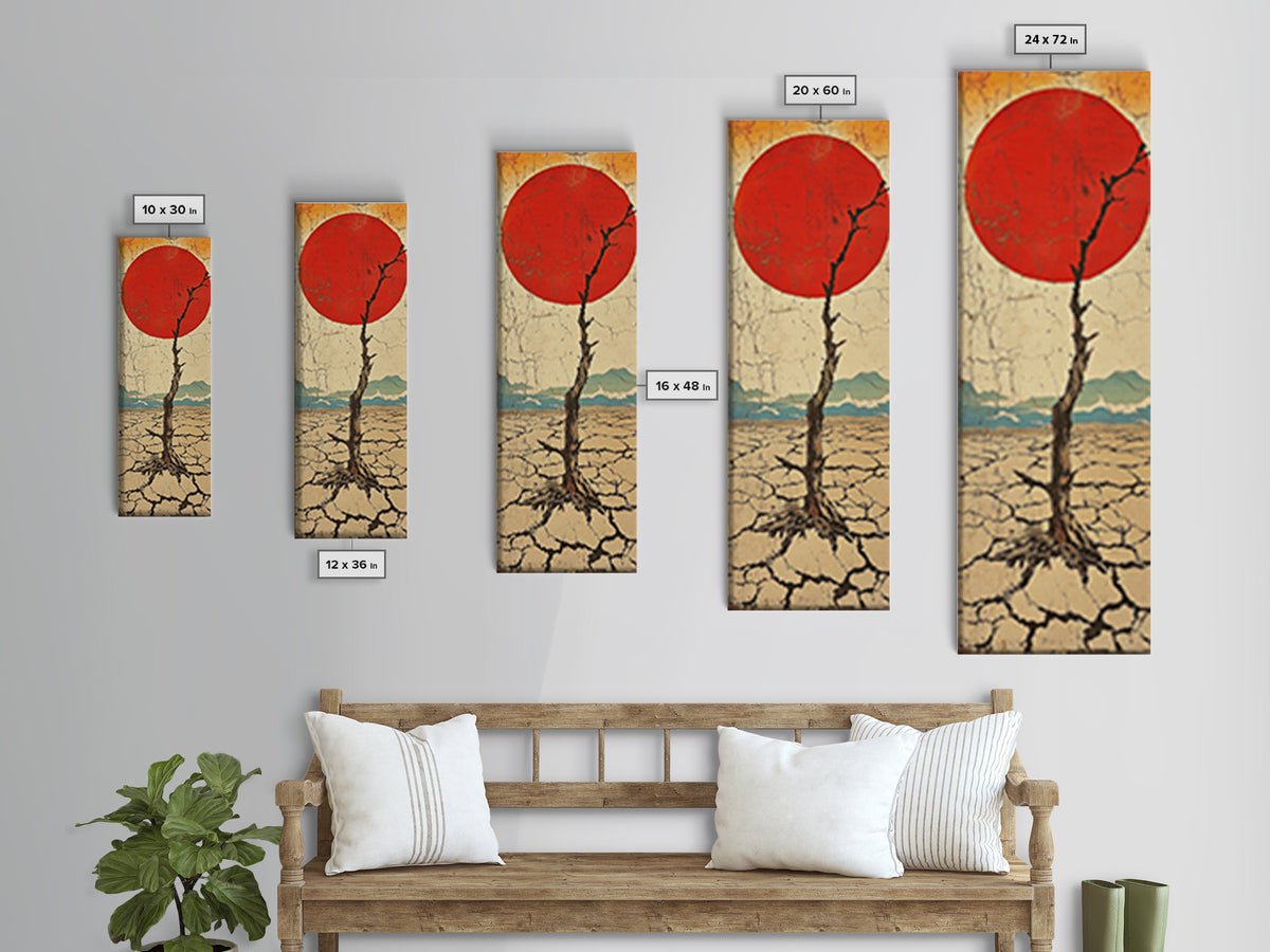 Red Sun Desert Tree Wall Art, Japanese Inspired Landscape Print, Rustic Wabi Sabi Decor, Long Narrow Canvas For Living Room