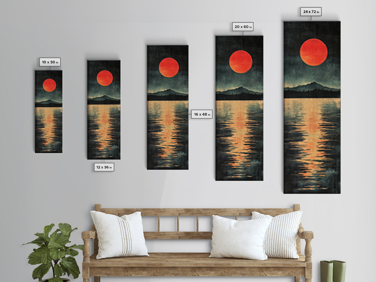 Red Sun Mountain Lake Canvas Print, Japanese Landscape Wall Decor, Moody Reflection Art, Long Narrow Poster For Modern Living Room