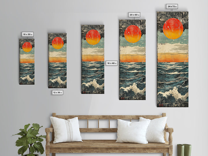 Abstract Ocean Sunset Wall Art, Red Sun Seascape Print, Coastal Wall Decor, Textured Wave Poster For Beach House Living Room