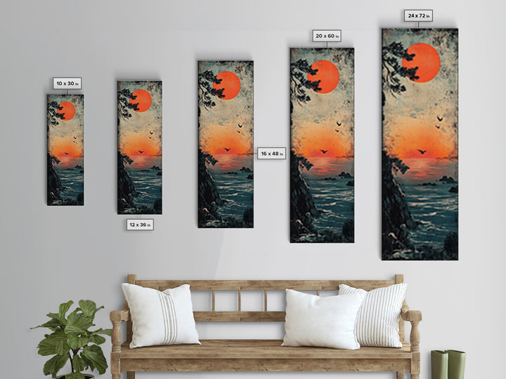 Coastal Cliff Red Sun Framed Canvas Print, Japanese Seascape Wall Art, Moody Ocean Decor, Bird Poster For Bedroom Or Office