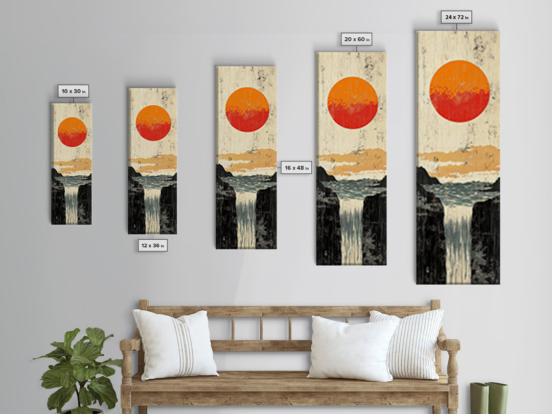 Orange Sun Waterfall Canvas Print, Japanese Cliff Landscape Wall Decor, Nature Poster, Wabi Sabi Art For Bathroom Or Office