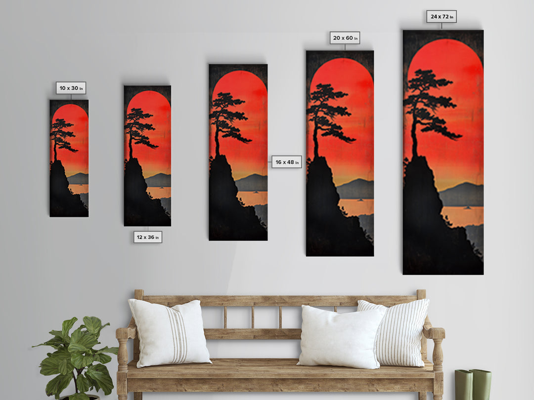Pine Silhouette Red Sun Wall Art, Japanese Lake Landscape Print, Moody Nature Decor, Long Narrow Canvas For Modern Living Room