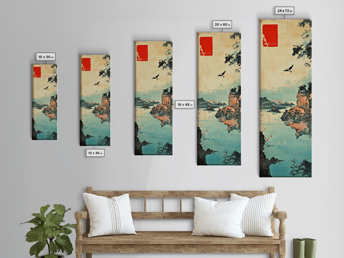 Quiet Japanese Coast With Bird Wall Art, Ukiyo E Landscape Print, Asian Inspired Decor, Tranquil Lake Home Decor For Living Room