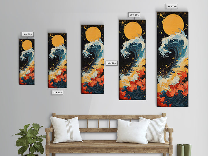 Golden Moon Ocean Wave Framed Canvas Print, Japanese Wall Art, Coastal Decor, Bold Ukiyo E Seascape For Modern Home Decor