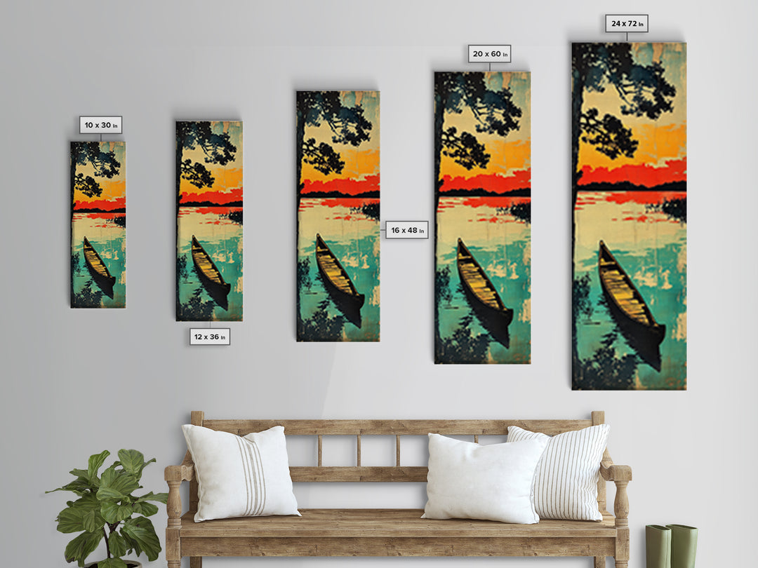 Canoe On Sunset Lake Wall Art, Japanese Landscape Canvas Print, Rustic Cabin Home Decor, Teal Water Long Vertical Art Print