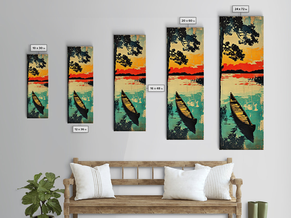 Canoe On Sunset Lake Wall Art, Japanese Landscape Canvas Print, Rustic Cabin Home Decor, Teal Water Long Vertical Art Print