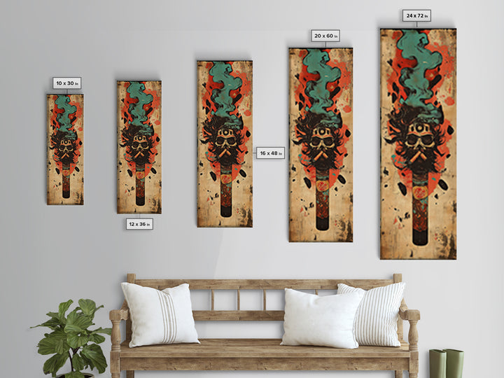 Smoking Tribal Mask With Teal Smoke Canvas Print, African Inspired Art, Afrocentric Wall Decor, Bold Man Cave Decor Gift