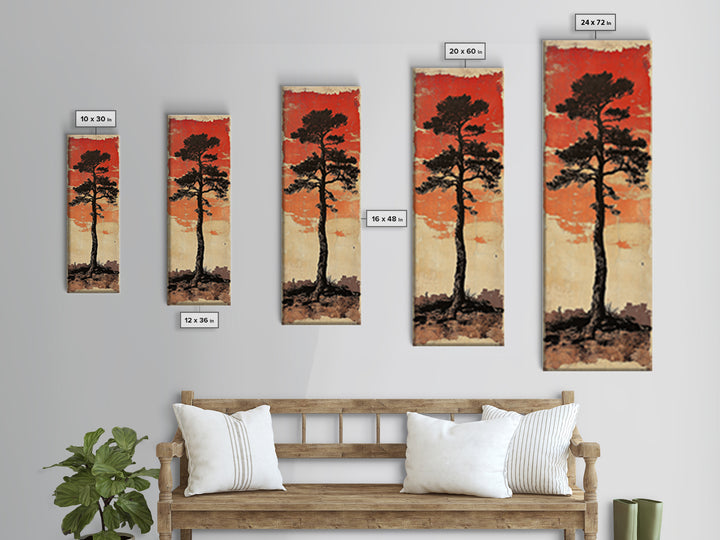Lone Black Pine Tree At Red Sunset Canvas Print, Japanese Wall Art, Rustic Landscape Art, Long Narrow Nature Wall Decor Gift