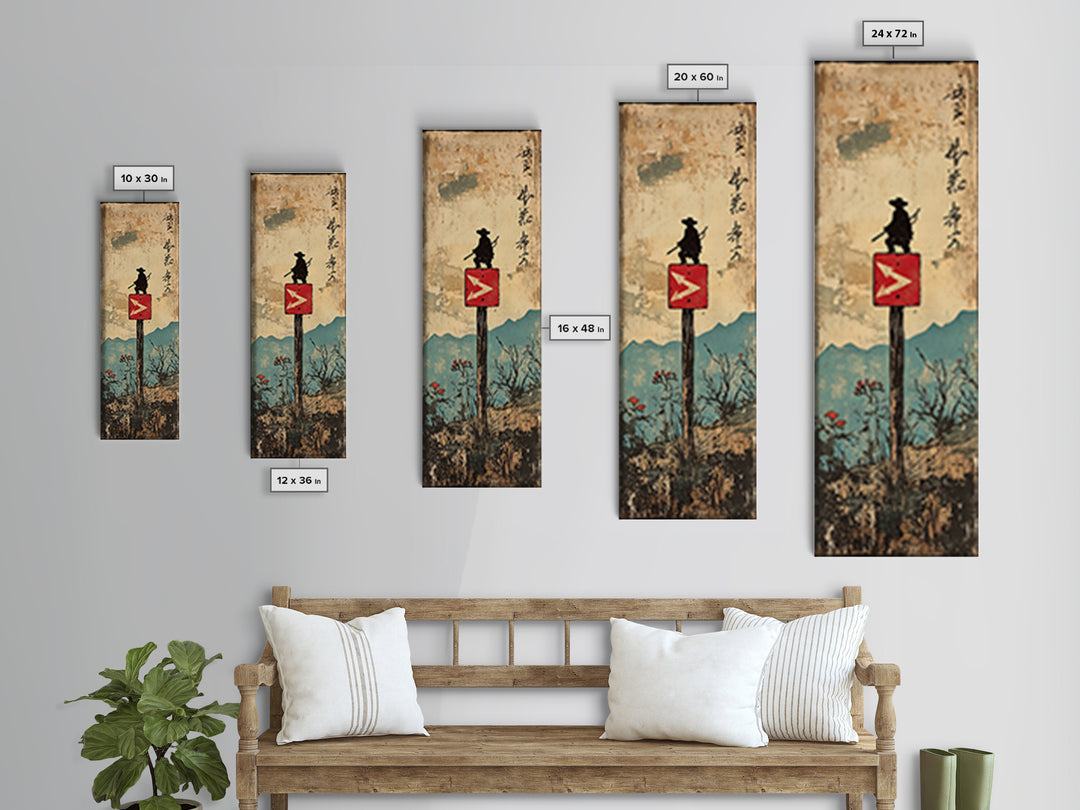 Samurai Silhouette On Mountain Signpost Wall Art, Japanese Landscape Print, Asian Inspired Decor, Long Narrow Home Decor Gift