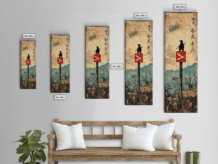 Samurai Silhouette On Mountain Signpost Wall Art, Japanese Landscape Print, Asian Inspired Decor, Long Narrow Home Decor Gift