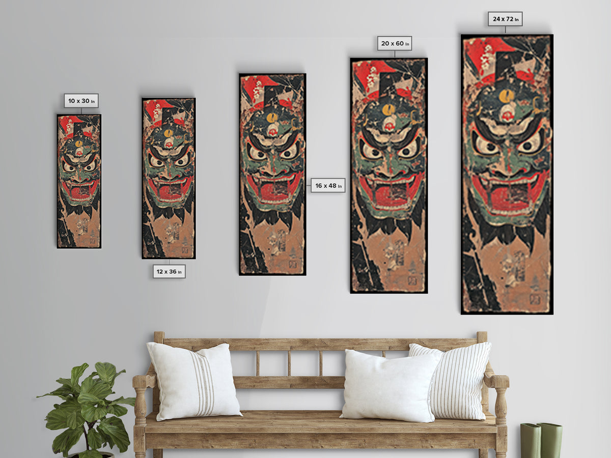 Fierce Japanese Oni Demon Mask Framed Canvas Print, Kabuki Wall Art, Dark Fantasy Decor, Bold Samurai Artwork Gift For Him