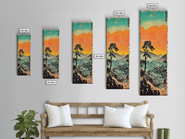 Orange Sunset Mountain Valley Canvas Print, Japanese Landscape Wall Art, Coastal Teal Nature Decor, Long Narrow Wall Decor