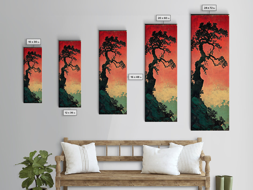 Twisted Black Pine Tree At Red Dusk Canvas Print, Japanese Wall Art, Moody Landscape Decor, Long Narrow Nature Gift For Her