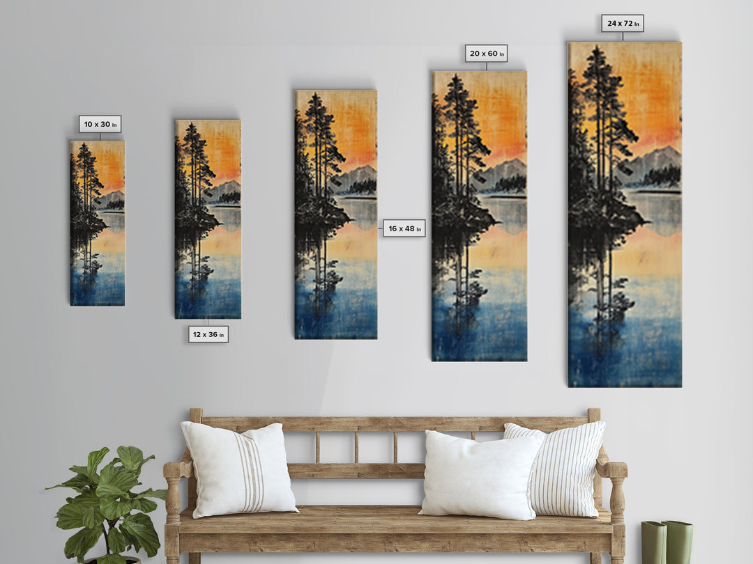 Misty Pine Lake Reflection Sunset Mountains Wall Art, Japanese Landscape Print, Rustic Cabin Decor, Nature Living Room Art