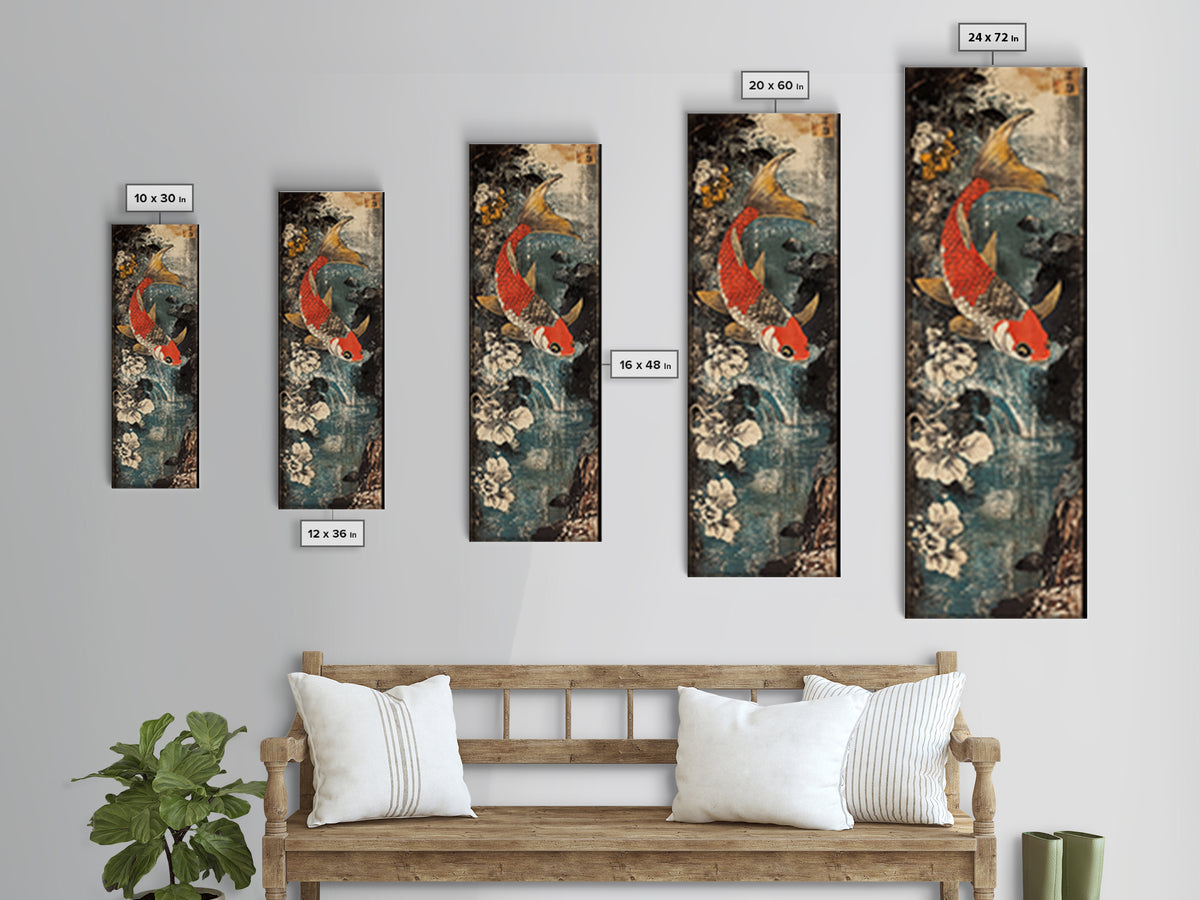 Red And Gold Koi Fish With White Flowers Wall Art, Japanese Koi Art, Asian Bathroom Decor, Zen Nature Canvas Print, Living Room Decor