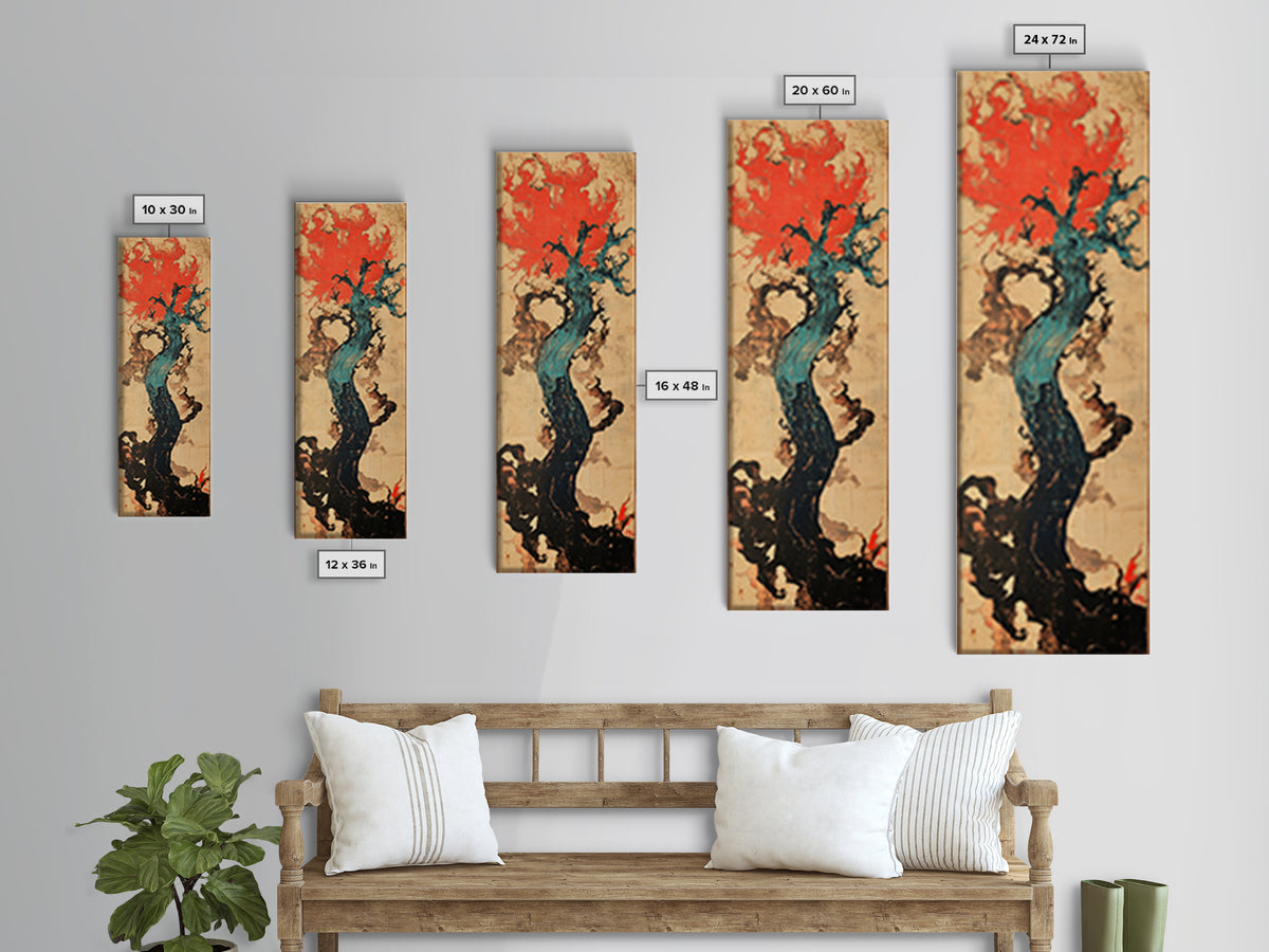 Teal Twisted Tree With Red Flame Clouds Framed Canvas Print, Japanese Abstract Wall Art, Moody Organic Modern Decor, Statement Art