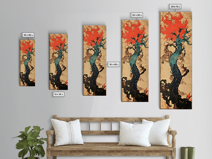 Teal Twisted Tree With Red Flame Clouds Framed Canvas Print, Japanese Abstract Wall Art, Moody Organic Modern Decor, Statement Art