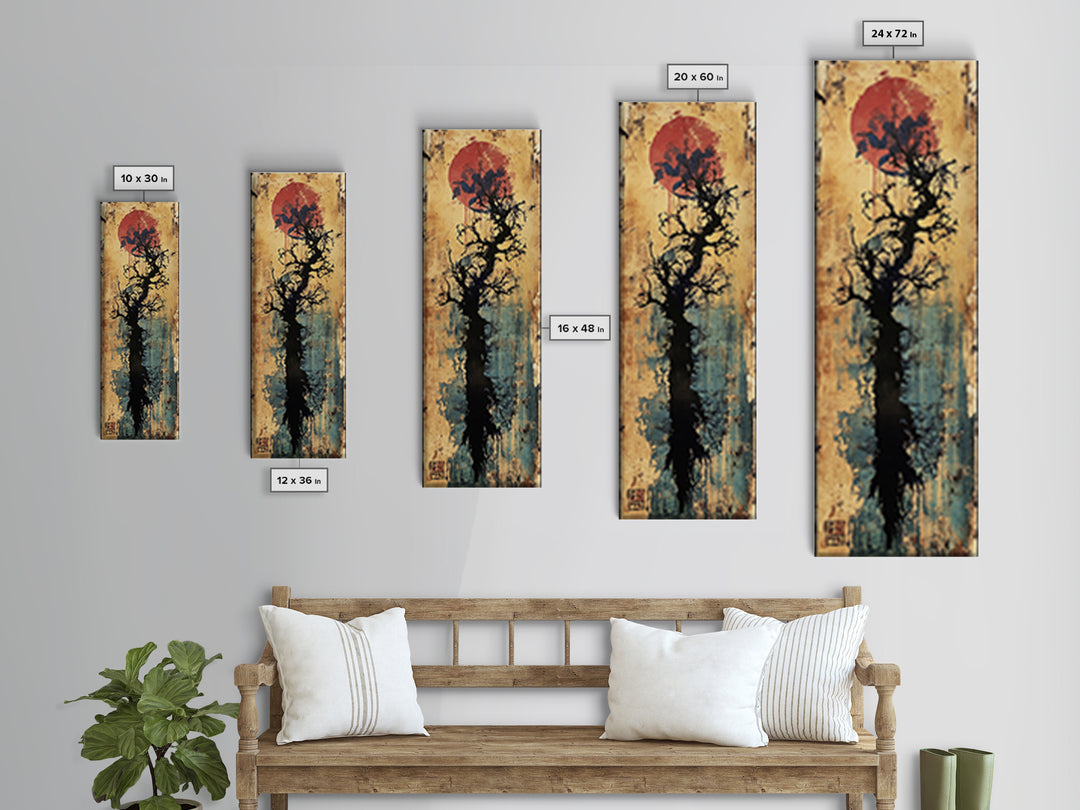 Bare Black Tree Under Crimson Moon Wall Art, Japanese Ink Landscape, Dark Academia Decor, Moody Zen Living Room Art, Canvas Print