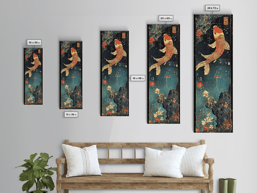 Golden Koi Fish With Coral Flowers Framed Canvas Print, Japanese Koi Wall Art, Zen Bathroom Decor, Asian Nature Art Print