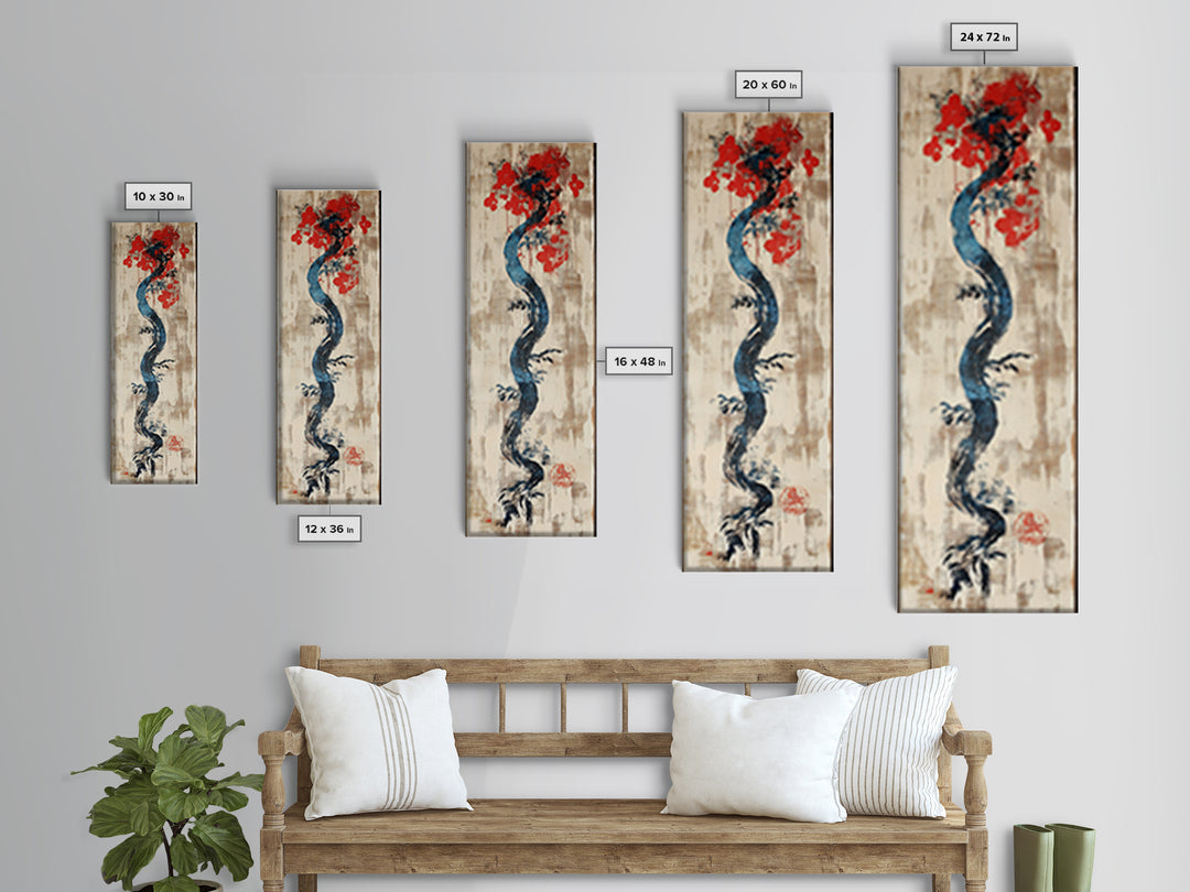 Blue Twisting Tree With Red Blossoms Canvas Print, Japanese Botanical Wall Art, Minimalist Nature Decor, Modern Zen Art Print