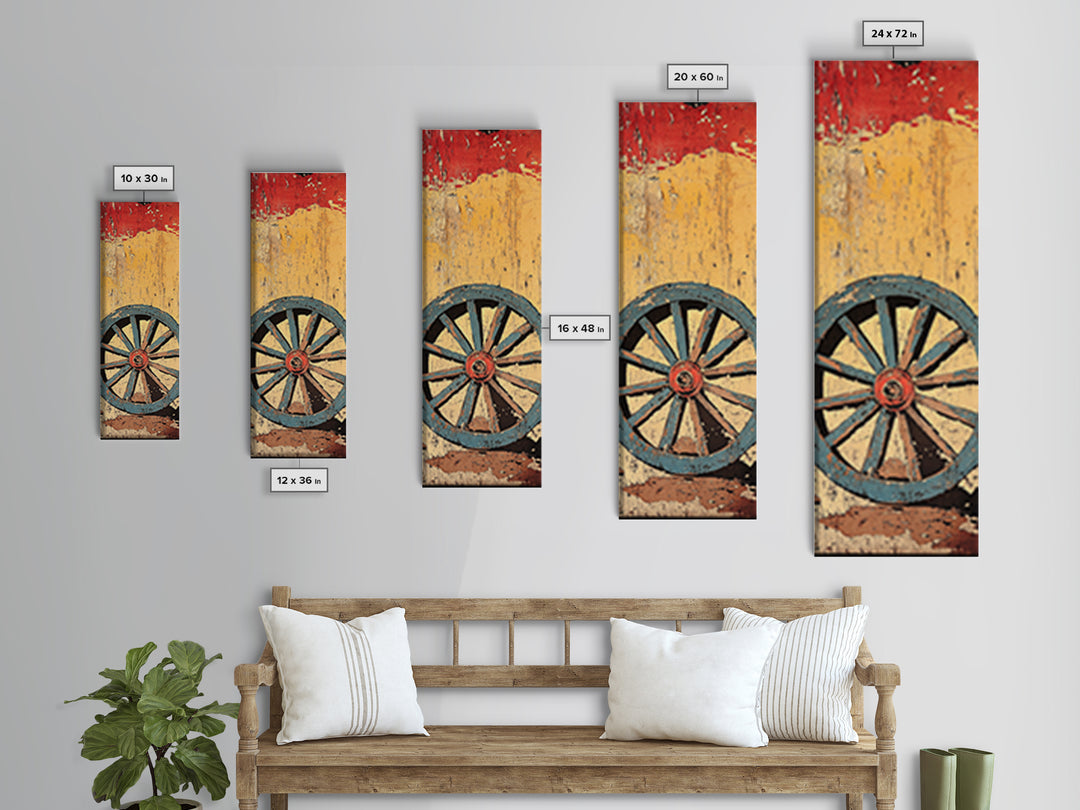 Blue Wagon Wheel Wall Art, Rustic Western Canvas Print, Distressed Farmhouse Decor For Country Home And Living Room Wall Decor