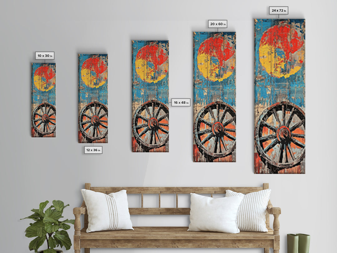 Wagon Wheel With Red Sun Wall Art, Rustic Western Canvas Print, Bold Farmhouse Decor For Living Room And Country Home Wall Decor