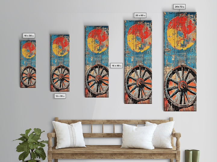 Wagon Wheel With Red Sun Wall Art, Rustic Western Canvas Print, Bold Farmhouse Decor For Living Room And Country Home Wall Decor
