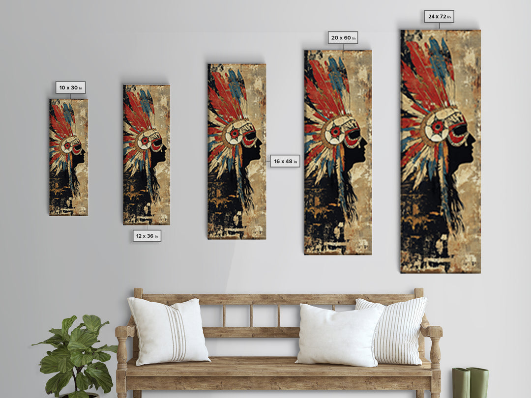 Feather Headdress Profile Wall Art, Tribal Southwestern Canvas Print, Indigenous Inspired Decor For Boho Living Room Wall Decor