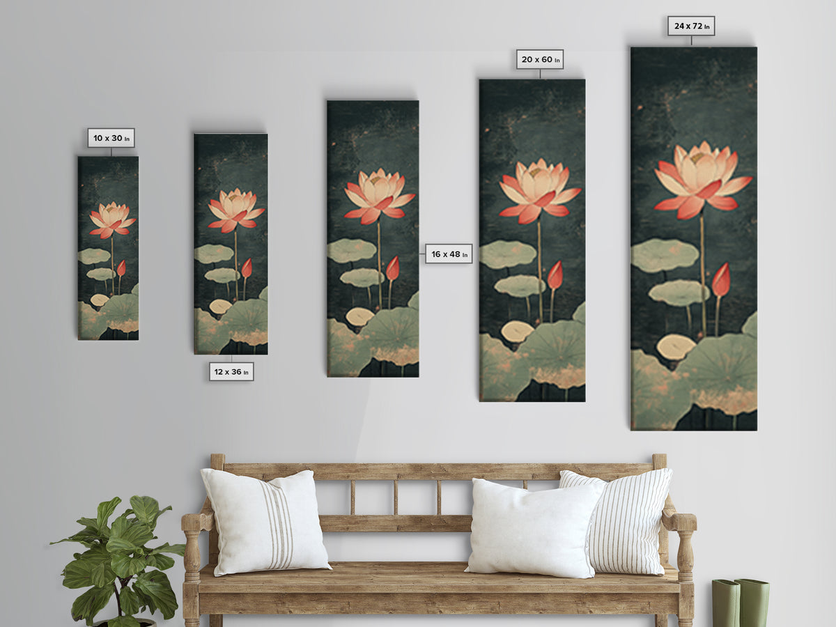 Pink Lotus Flower Pond Wall Art, Japanese Botanical Canvas Print, Serene Nature Decor For Spa Bathroom And Meditation Room