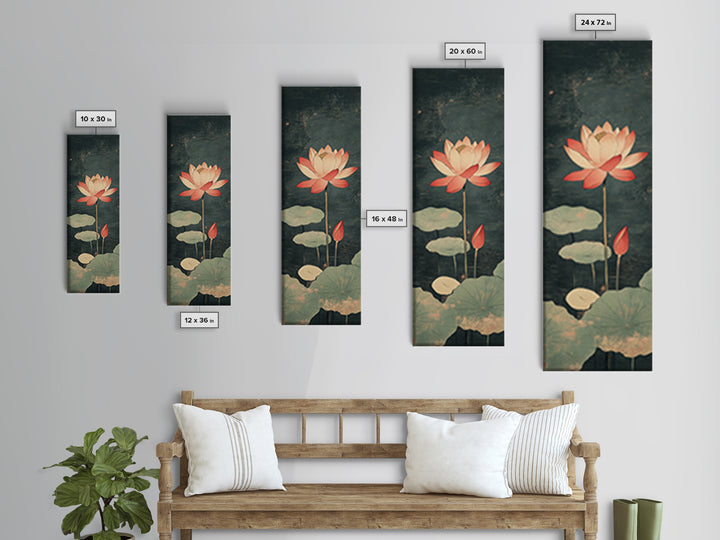 Pink Lotus Flower Pond Wall Art, Japanese Botanical Canvas Print, Serene Nature Decor For Spa Bathroom And Meditation Room