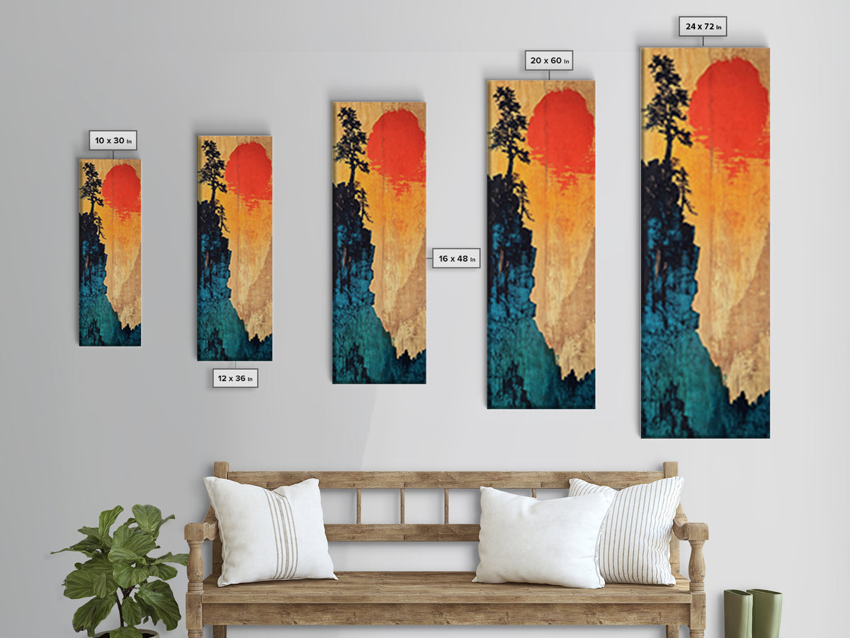 Cliff Silhouette With Red Sun Wall Art, Japanese Landscape Canvas Print, Moody Nature Decor For Living Room And Office Wall Decor