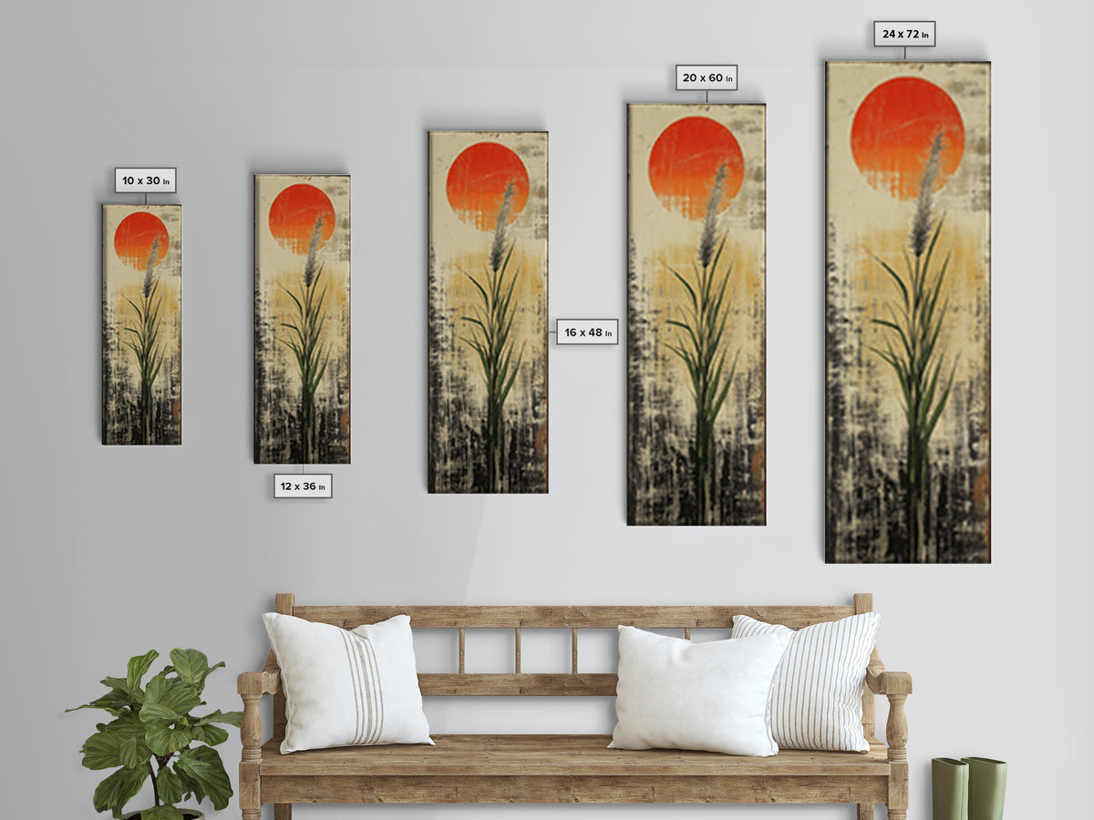 Tall Reed Grass With Red Sun Wall Art, Japanese Botanical Canvas Print, Minimal Nature Decor For Japandi Living Room Wall Decor