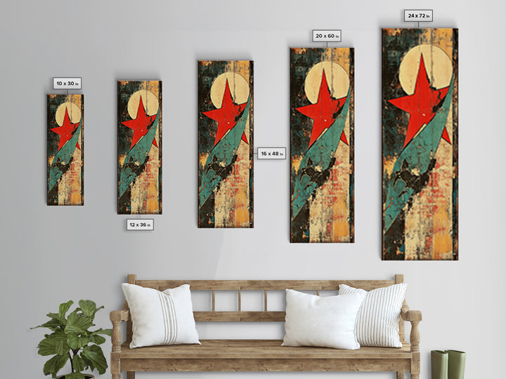 Red Star And Teal Rocket Abstract Canvas Print, Mid Century Modern Wall Art, Retro Futuristic Art, Bold Office Decor, Home Decor