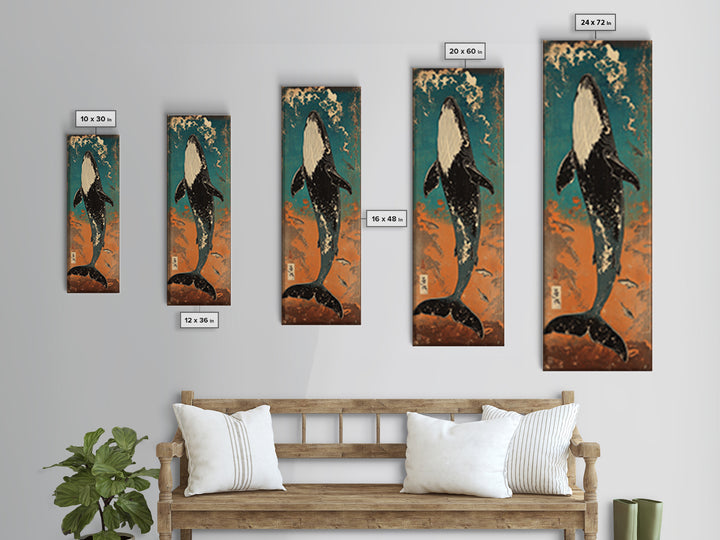 Humpback Whale Rising Through Teal Waves Wall Art, Japanese Woodblock Style, Ocean Wall Art, Marine Life Art, Coastal Decor