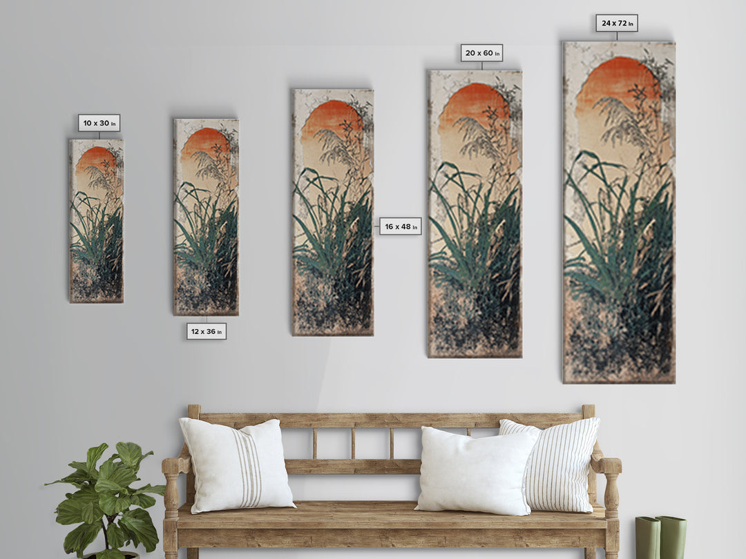Orange Sun And Wild Grass Wall Art, Japanese Botanical Print, Japandi Decor, Minimalist Nature Art, Vertical Canvas Print