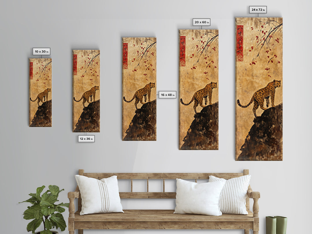 Spotted Leopard On Rocky Cliff Wall Art, Asian Wildlife Decor, Safari Animal Art Print, Maximalist Decor, Framed Canvas Print