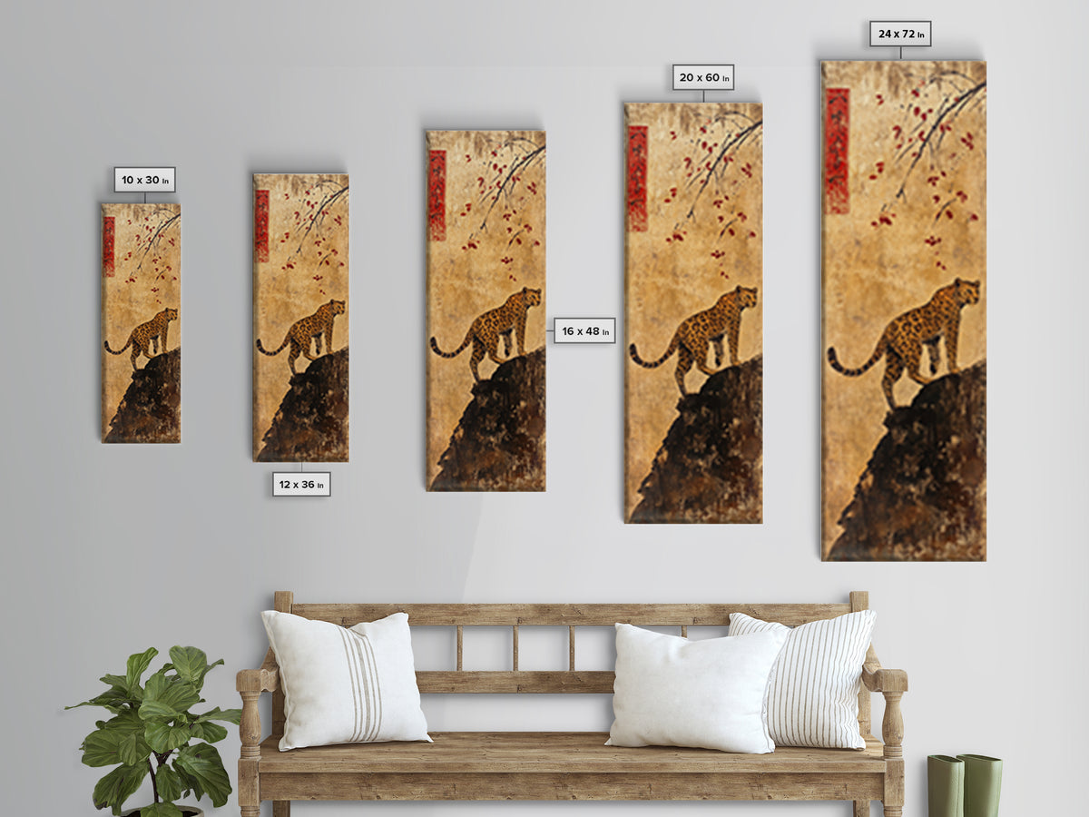 Spotted Leopard On Rocky Cliff Wall Art, Asian Wildlife Decor, Safari Animal Art Print, Maximalist Decor, Framed Canvas Print