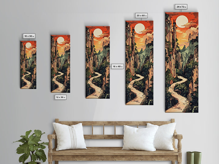 Sunset Canyon River Wall Art, Japanese Landscape Print, Mountain Wall Decor, Large Horizontal Art, Framed Canvas Print, Living Room Decor