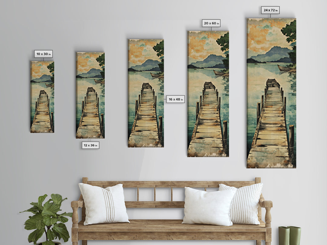 Quiet Lake Dock Framed Canvas Print, Mountain Landscape Wall Art, Serene Nature Decor, Coastal Cabin Living Room Art Print