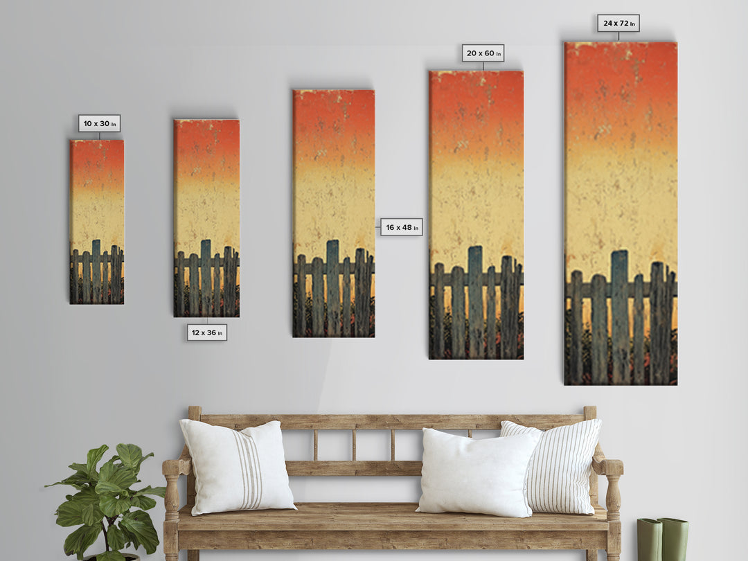 Weathered Fence Sunset Wall Art, Rustic Minimalist Landscape Print, Orange Sky Farmhouse Decor, Tall Vertical Canvas Print