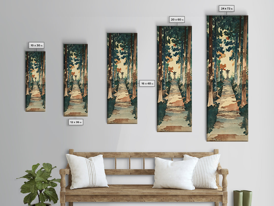 Forest Path Shrine Wall Art, Japanese Garden Canvas Print, Moody Woodland Landscape Decor, Tall Vertical Entryway Wall Art